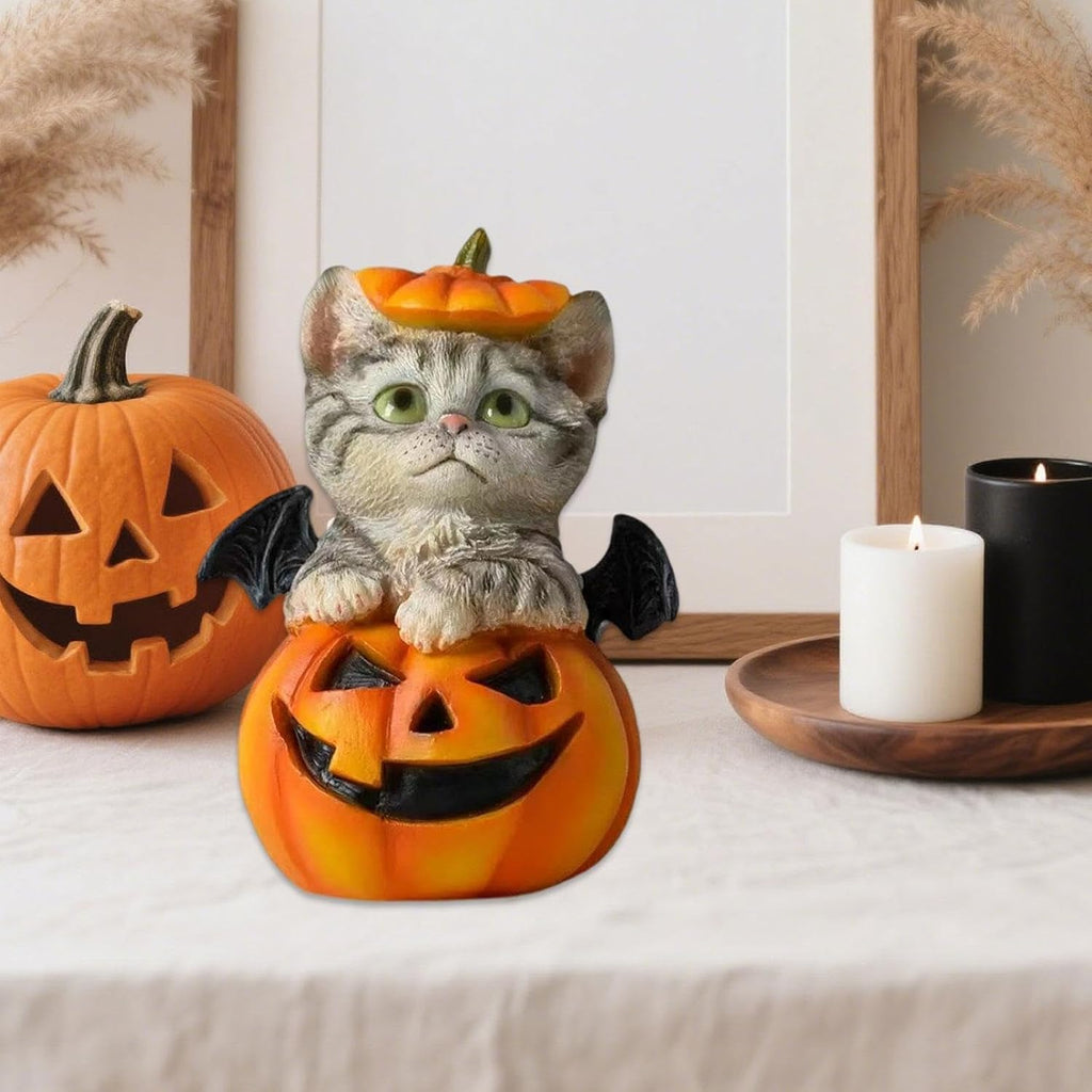 Handmade Halloween Pumpkin Cat Statue