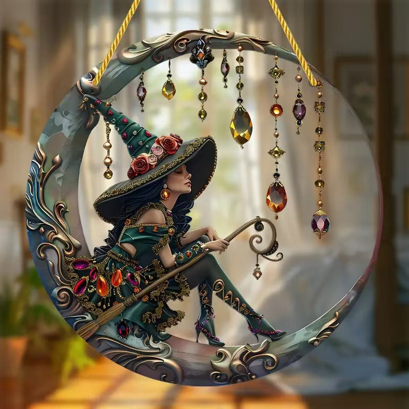 Halloween Charming Moonlight Witch Glass Window Hanging Sun Catcher